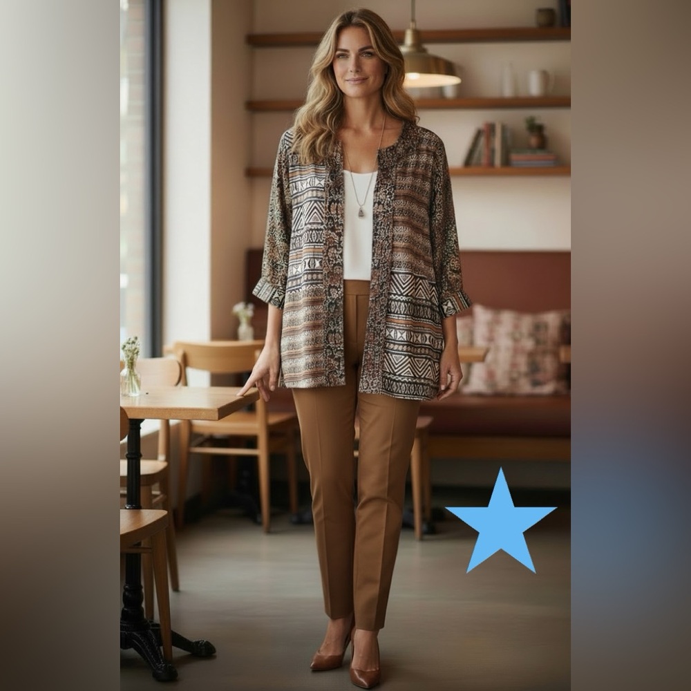 Laura Ashley Woman 100% Silk Mixed Animal Print Cardigan Top Plus 2X 16 18 Brown